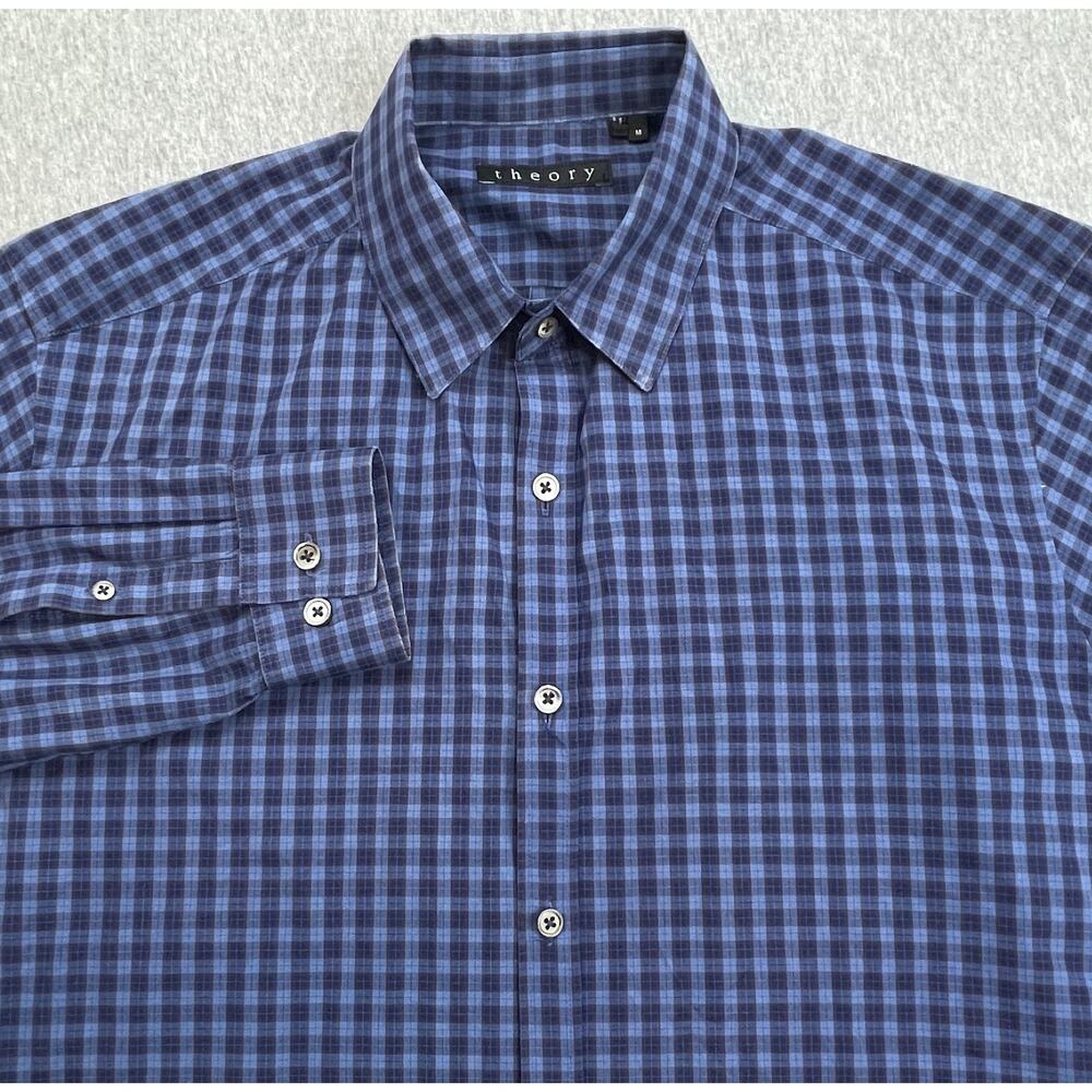 Theory Shirt Mens Medium Blue Plaid 100% Cotton Long Sleeve Casual Button Up‎